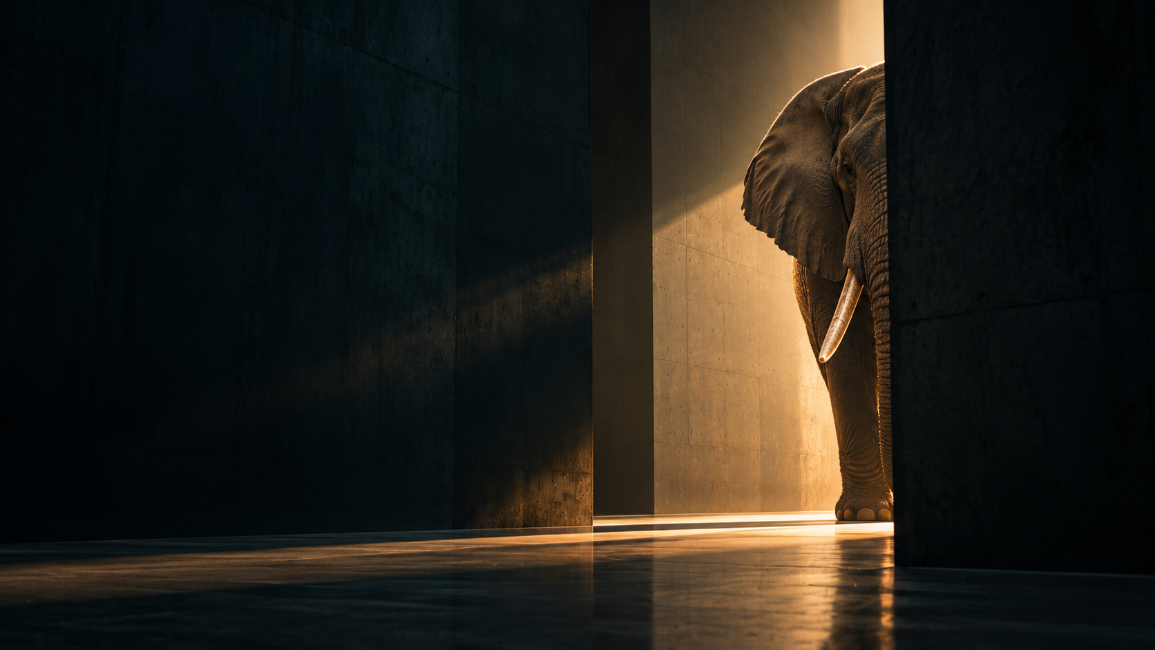 Un elefant emergeix entre ombres i una porta daurada